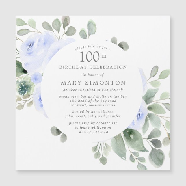 Invitación Magnética Rosa azul Eucalipto Floral Fiesta de cumpleaños nú (Anverso)