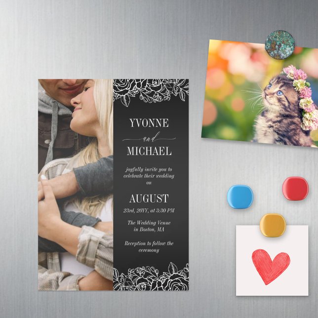 Invitación Magnética Rosa blanco negro señala a Boda de fotos (Subido por el creador)