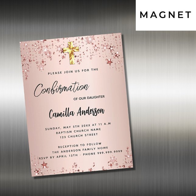Invitación Magnética Rosa de confirmación estrellas de oro chica lujo (Subido por el creador)