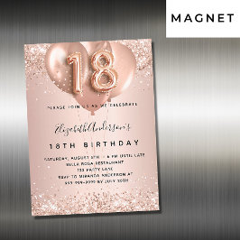 Invitación Magnética rosa de cumpleaños 18 globos de lujo dorado