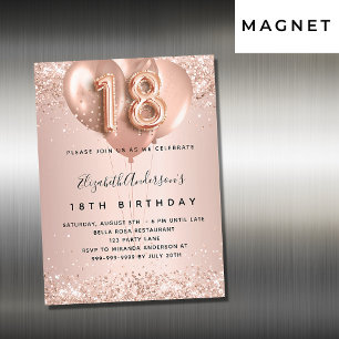 Invitación Magnética rosa de cumpleaños 18 globos de lujo dorado