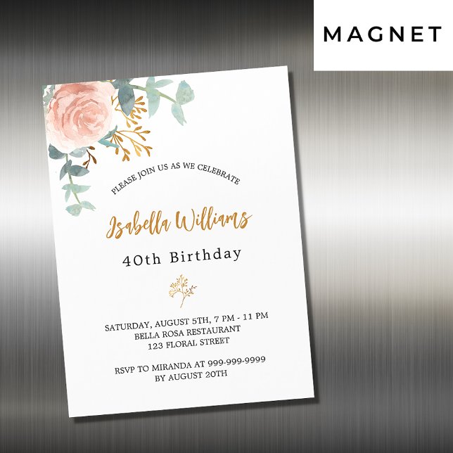 Invitación Magnética Rosa de cumpleaños oro floral eucalipto lujo (Subido por el creador)