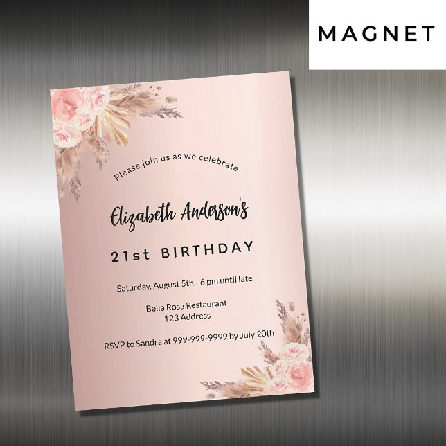 Invitación Magnética Rosa de cumpleaños oro pampas césped floral lujo (Subido por el creador)