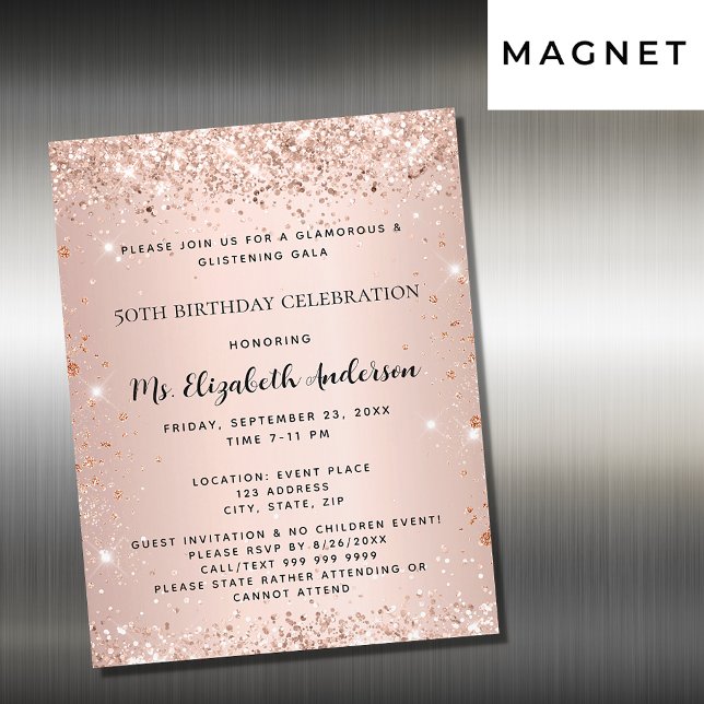 Invitación Magnética Rosa de fiesta de cumpleaños elegante lujo formal (Subido por el creador)