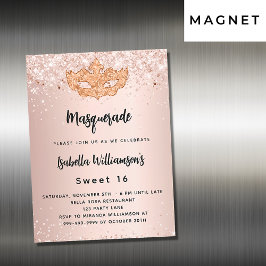 Invitación Magnética Rosa de mascarada purpurina de oro Sweet 16 lujo