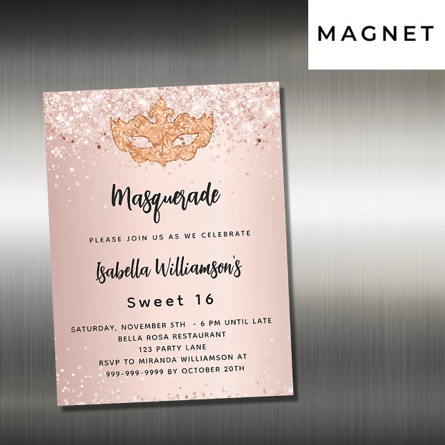 Invitación Magnética Rosa de mascarada purpurina de oro Sweet 16 lujo (Subido por el creador)