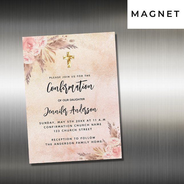 Invitación Magnética Rosa de pampas de confirmación lujo dorado (Subido por el creador)