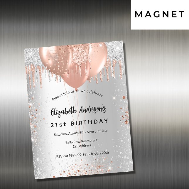 Invitación Magnética Rosa de plata de cumpleaños globos purpurinas de o (Subido por el creador)