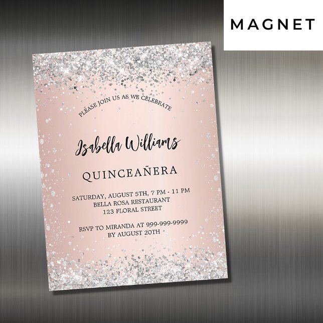 Invitación Magnética Rosa de plata Quinceanera lujoso (Subido por el creador)