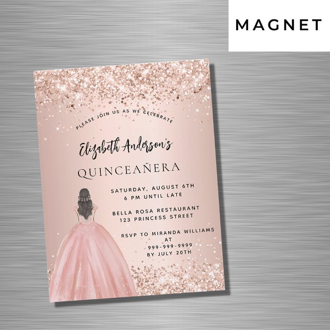 Invitación Magnética Rosa de Quinceanera purpurina de oro vestido de lu (Subido por el creador)