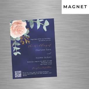 Invitación Magnética Rosa dorado floral azul marino QR RSVP boda de luj