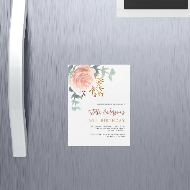 Invitación Magnética Rosa dorado florido verde de lujo cumpleaños (Subido por el creador)
