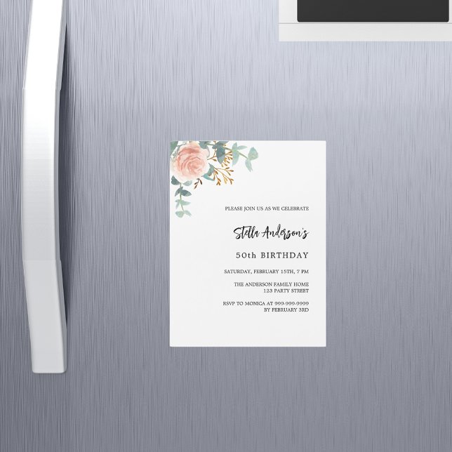 Invitación Magnética Rosa dorado florido verde de lujo cumpleaños (Subido por el creador)