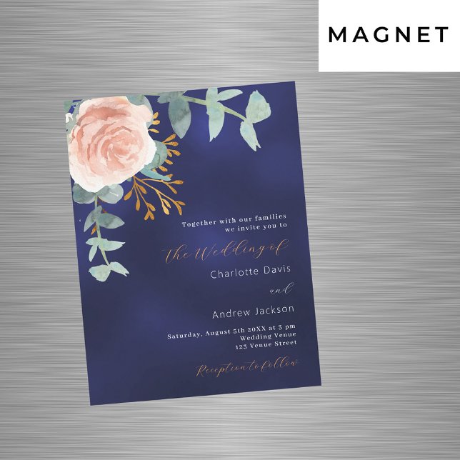 Invitación Magnética Rosa dorado verde boda azul marino de lujo (Subido por el creador)