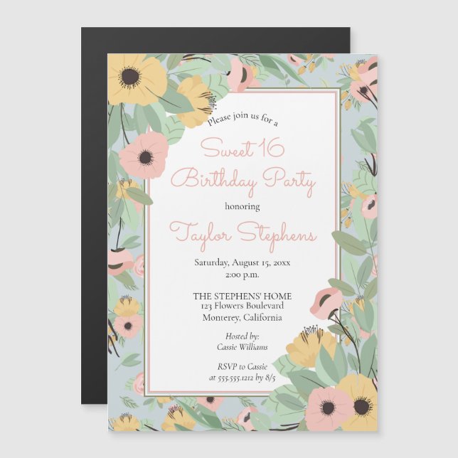 Invitación Magnética Rosa floral de jardín | Yellow Bouquet Sweet 16 Fi (Anverso/Reverso)
