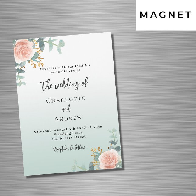 Invitación Magnética Rosa florines de oro boda de lujo verde (Subido por el creador)