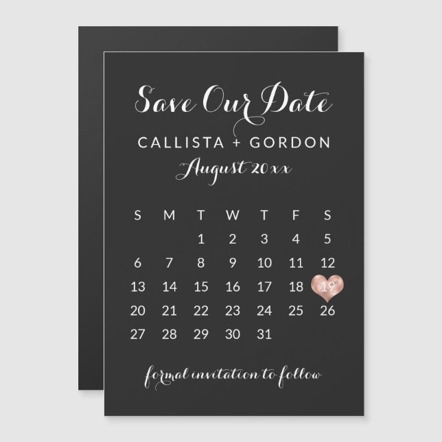 Invitación Magnética Rosa negro Calendario de corazón dorado Guardar la (Anverso/Reverso)