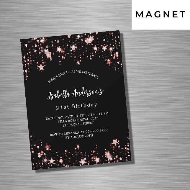 Invitación Magnética Rosa negro de cumpleaños estrellas de oro (Subido por el creador)