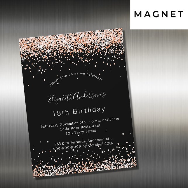 Invitación Magnética Rosa negro de cumpleaños purpurina de oro fiesta d (Subido por el creador)