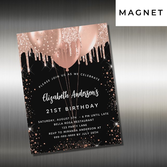 Invitación Magnética Rosa negro de cumpleaños purpurina globos de oro d (Subido por el creador)