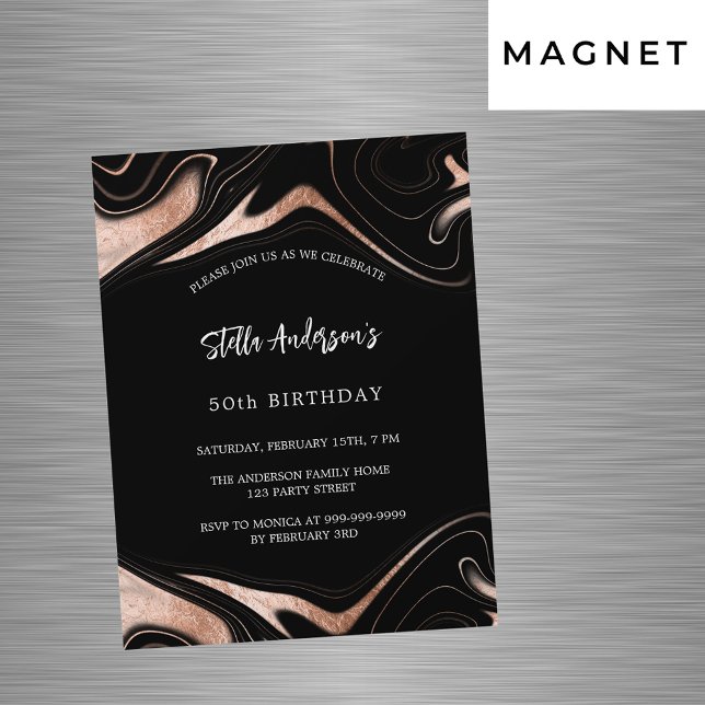 Invitación Magnética Rosa negro de mármol dorado de lujo moderno cumple (Subido por el creador)