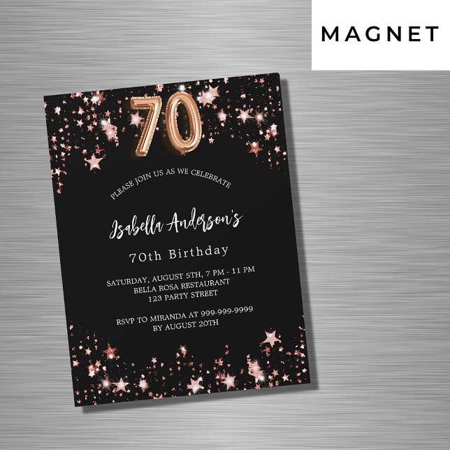 Invitación Magnética Rosa negro estrellas de oro lujo 70 cumpleaños (Subido por el creador)