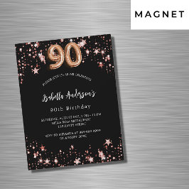 Invitación Magnética Rosa negro estrellas de oro lujo 90 cumpleaños