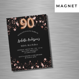 Invitación Magnética Rosa negro estrellas de oro lujo 90 cumpleaños