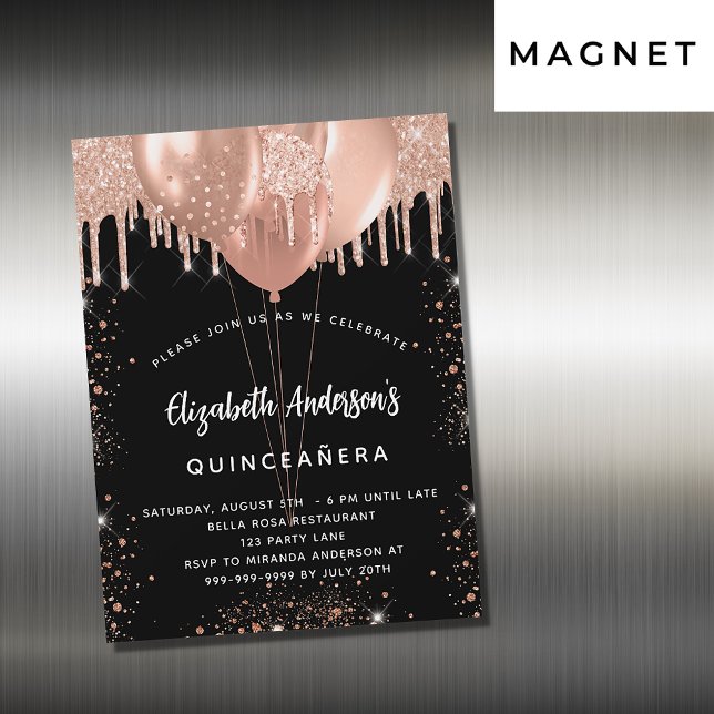 Invitación Magnética Rosa negro Quinceanera globos de oro purpurina luj (Subido por el creador)
