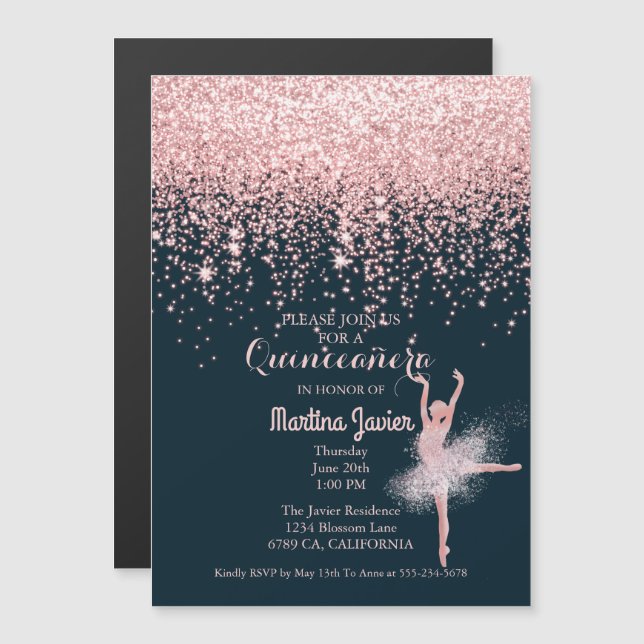 Invitación Magnética Rosa Purpurina de Oro Rosa Quinceañera 15º cumplea (Anverso/Reverso)