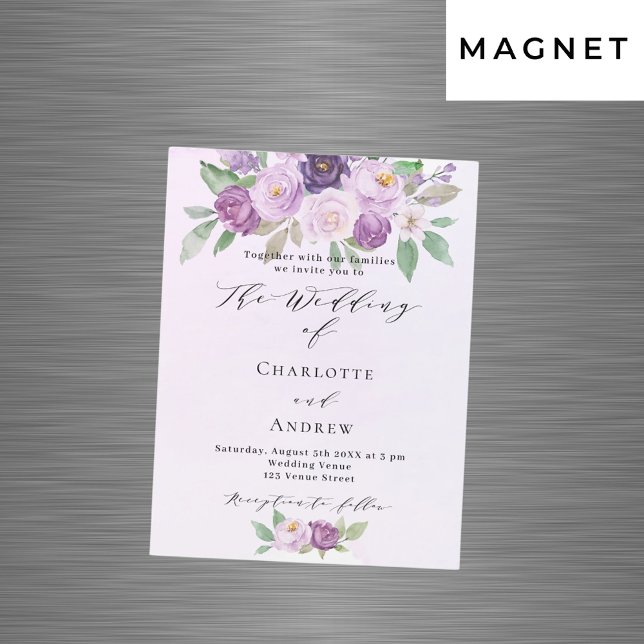 Invitación Magnética Rosas de flores violetas boda de lujo verde (Subido por el creador)