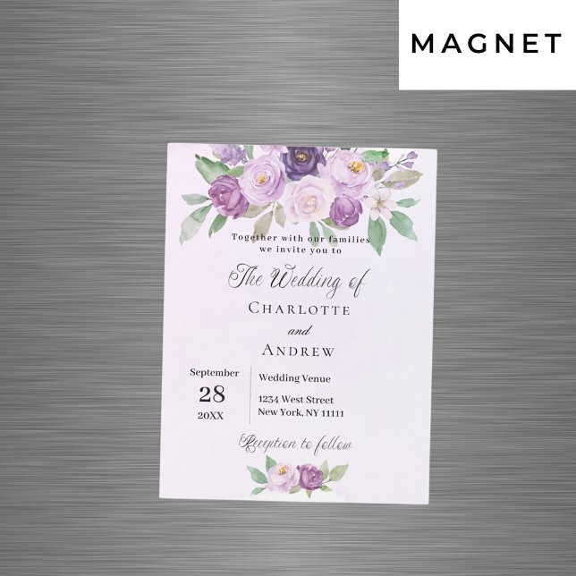 Invitación Magnética Rosas de flores violetas boda de lujo verde (Subido por el creador)
