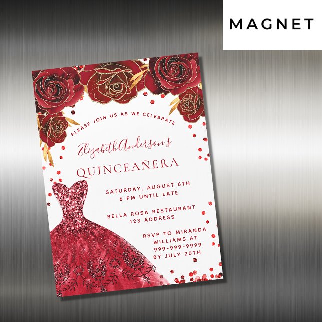 Invitación Magnética Rosas de vestimenta blanca y roja de Quinceanera (Subido por el creador)