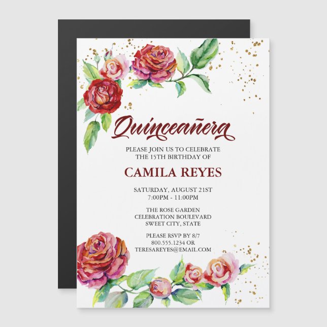 Invitación Magnética Rosas Rojas Vintadas Roses Rojos Pink Rosebuds Flo (Anverso/Reverso)
