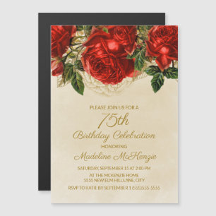 Invitación Magnética Rosas rojas vintage elegantes Cumpleaños 75 de muj