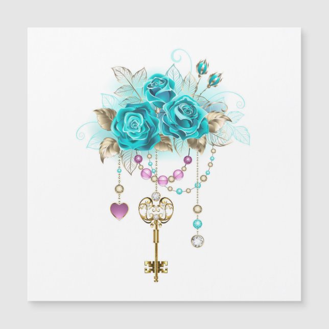 Invitación Magnética Rosas turquesas con llaves (Anverso)