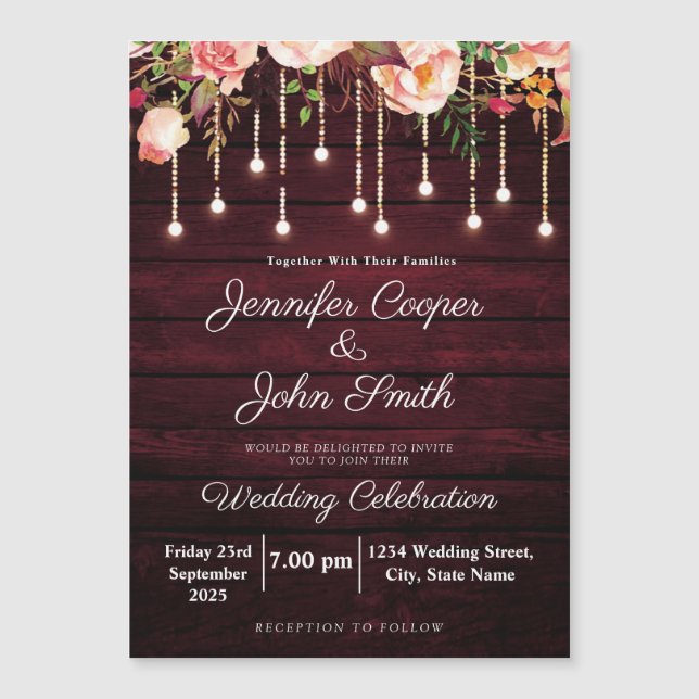 Invitación Magnética Roses rosados florales Boda de madera ruidosa (Anverso)