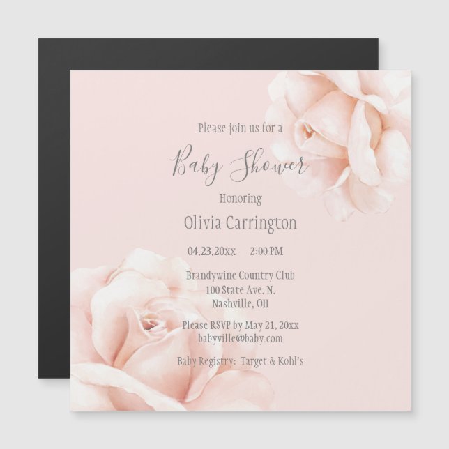 Invitación Magnética Rubor Pink Roses Script Baby Shower (Anverso/Reverso)
