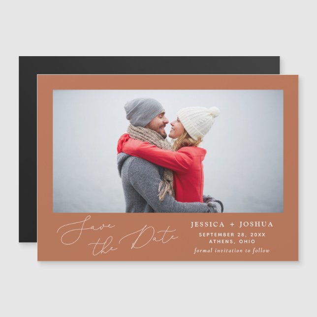 Invitación Magnética Rust Modern Script Photo Save the Date Magnet (Anverso/Reverso)