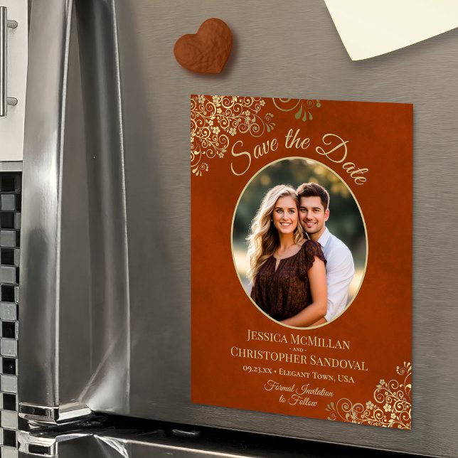 Invitación Magnética Rust Orange & Gold Wedding Save Date Oval Photo (Magnetic Back for Easy Display!)