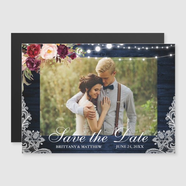 Invitación Magnética Rustic Blue Wood Lughts Lace Photo Save the Date (Anverso/Reverso)
