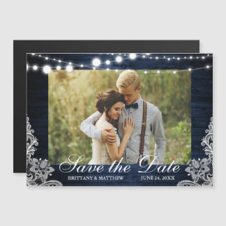 Invitación Magnética Rustic Blue Wood Lughts Lace Photo Save the Date