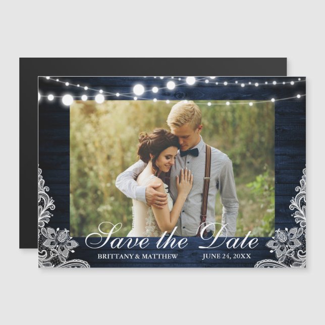 Invitación Magnética Rustic Blue Wood Lughts Lace Photo Save the Date (Anverso/Reverso)