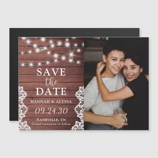Invitación Magnética Rustic Lights LGBTQ Photo Save the Date Card (Anverso/Reverso)