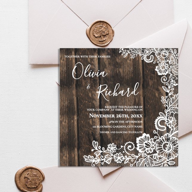 Invitación Magnética Rustic Wood and White Lace Floral Wedding (Rustic Wood and White Lace Floral Wedding Magnetic Invitation)