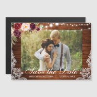 Rustic Wood Floral Lights Lace Photo Save the Date