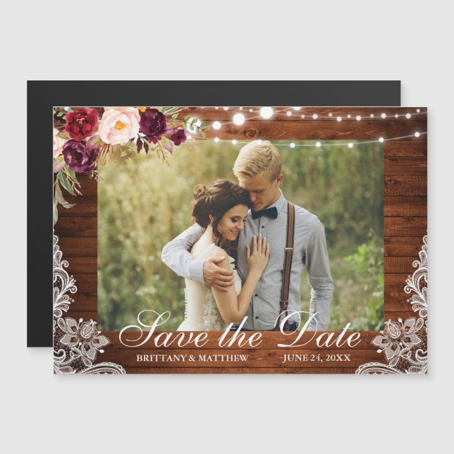 Invitación Magnética Rustic Wood Floral Lights Lace Photo Save the Date (Anverso/Reverso)