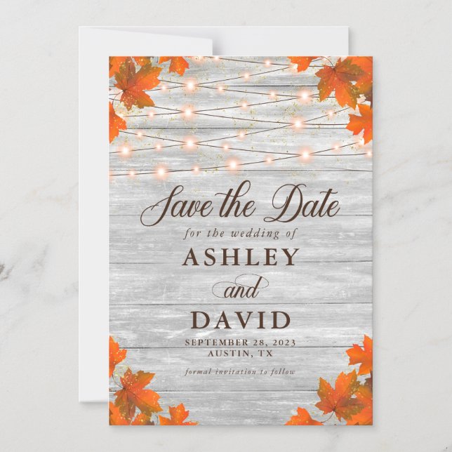 Invitación Magnética Rustic Wood Save The Date String Lights Boda (Anverso)
