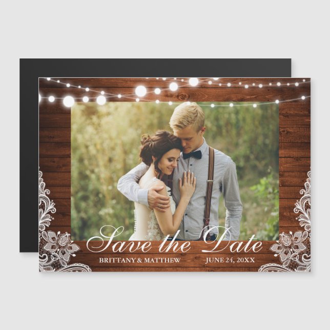 Invitación Magnética Rustic Wood String Lights Lace Photo Save the Date (Anverso/Reverso)