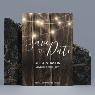 Invitación Magnética Rustic Wood String Lights Wedding Save The Date